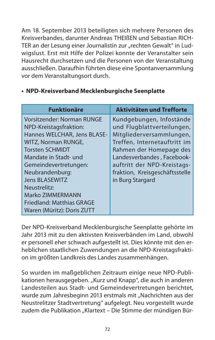 Seite 74 des Verfassungsschutzbericht 2013 Mecklenburg-Vorpommern