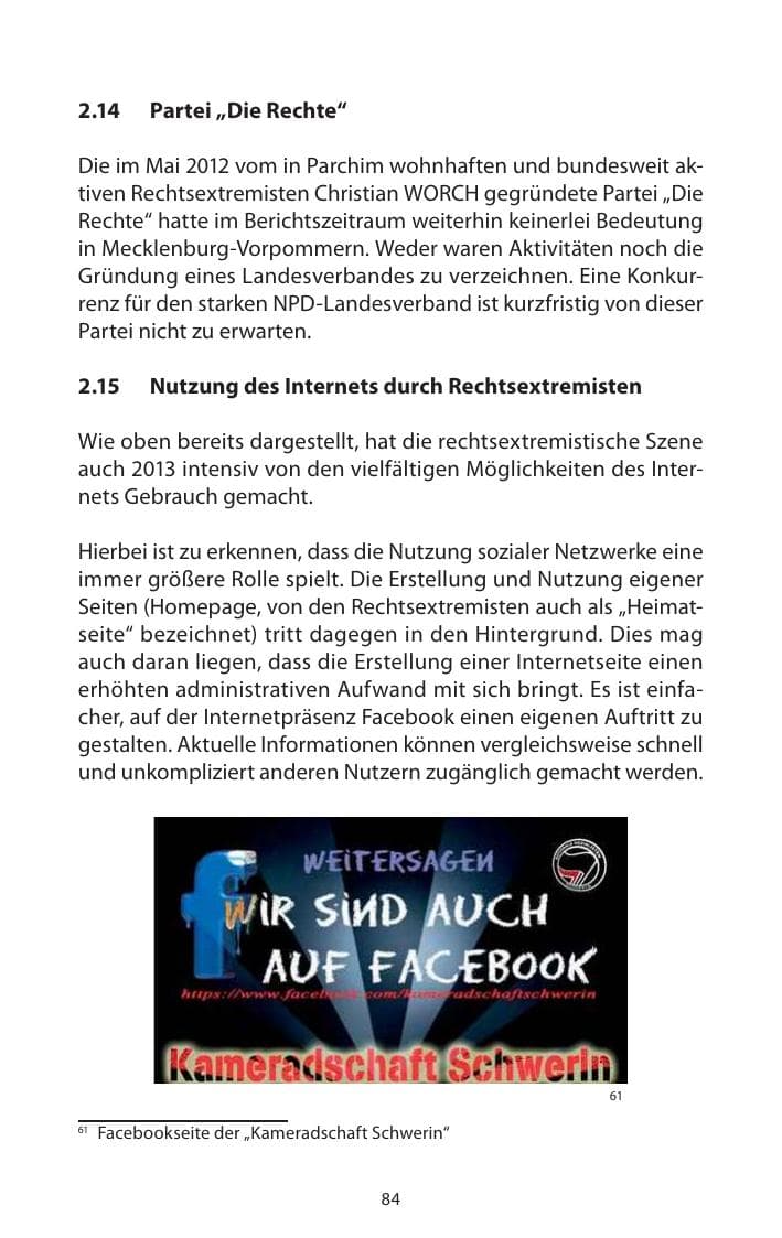 Seite 86 des Verfassungsschutzbericht 2013 Mecklenburg-Vorpommern