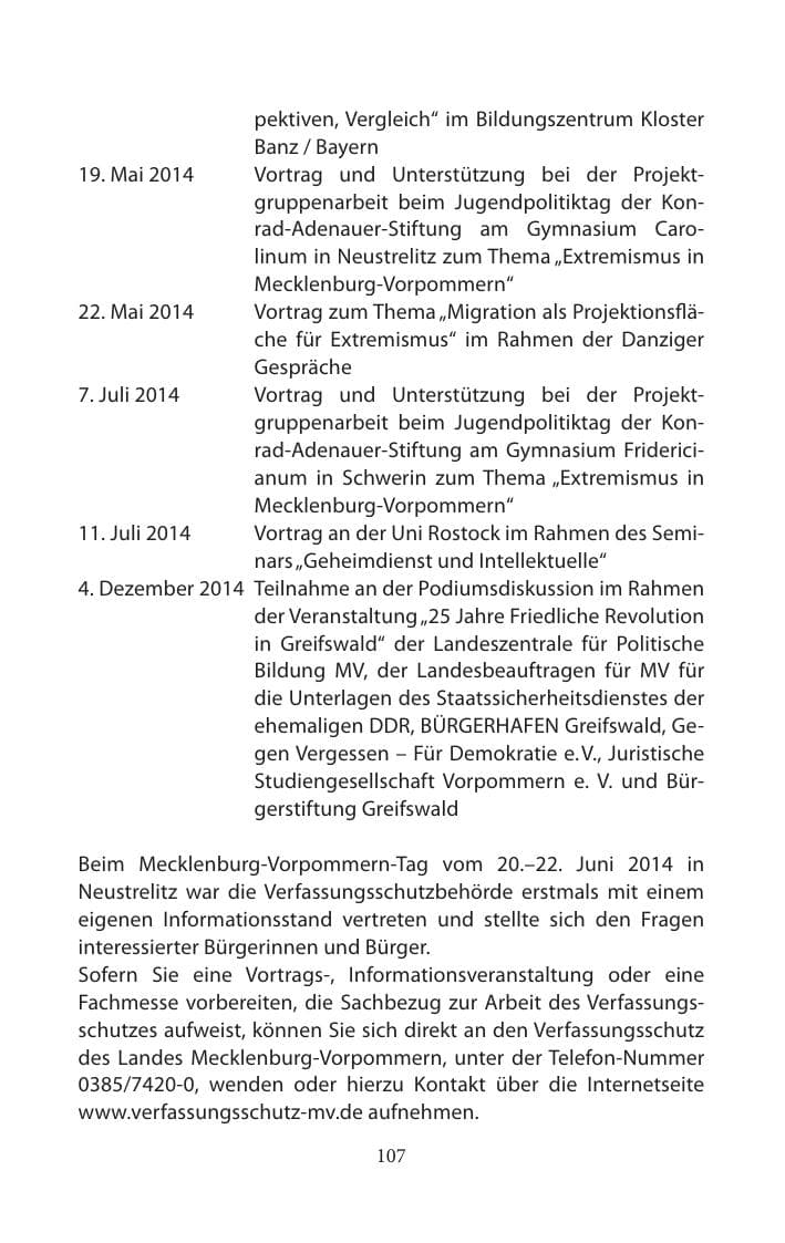Seite 107 des Verfassungsschutzbericht 2014 Mecklenburg-Vorpommern