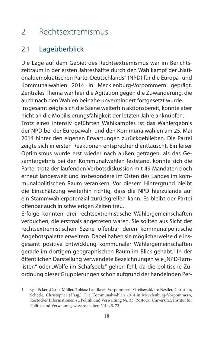 Seite 18 des Verfassungsschutzbericht 2014 Mecklenburg-Vorpommern