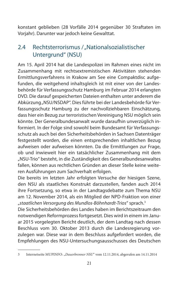 Seite 21 des Verfassungsschutzbericht 2014 Mecklenburg-Vorpommern