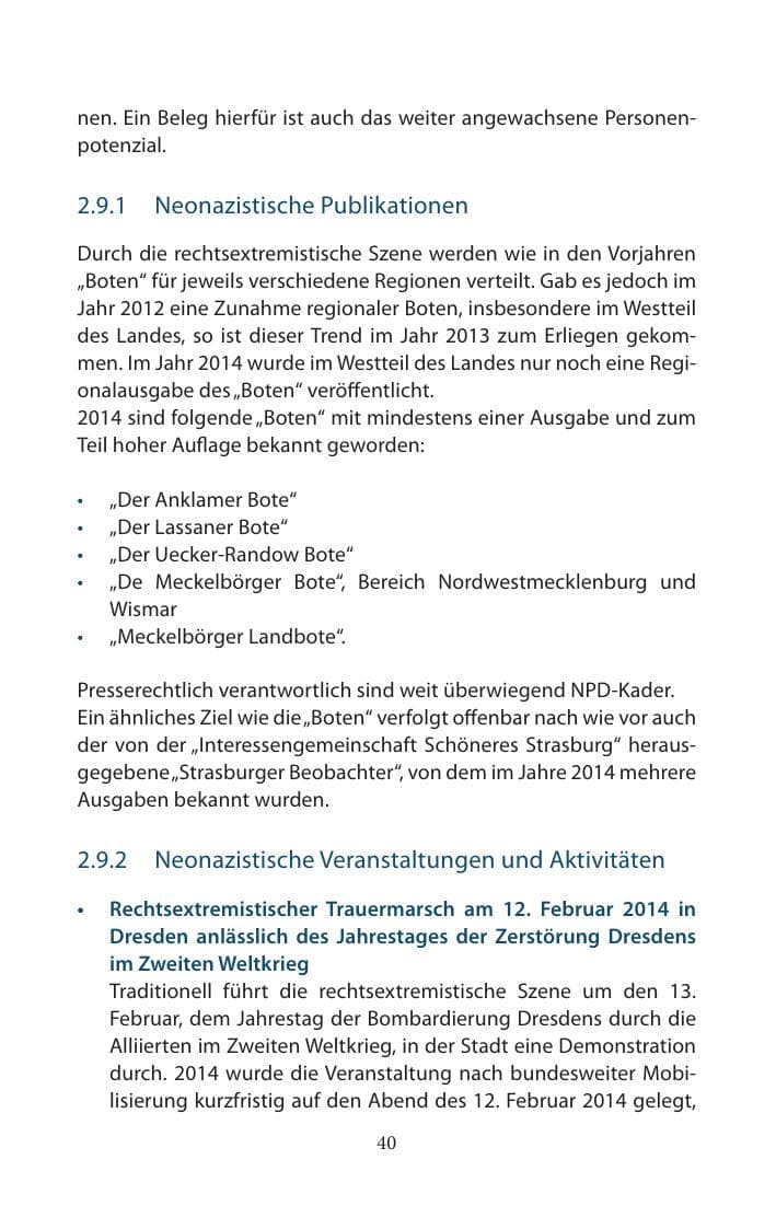 Seite 40 des Verfassungsschutzbericht 2014 Mecklenburg-Vorpommern