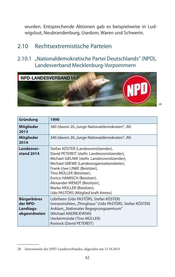 Seite 42 des Verfassungsschutzbericht 2014 Mecklenburg-Vorpommern