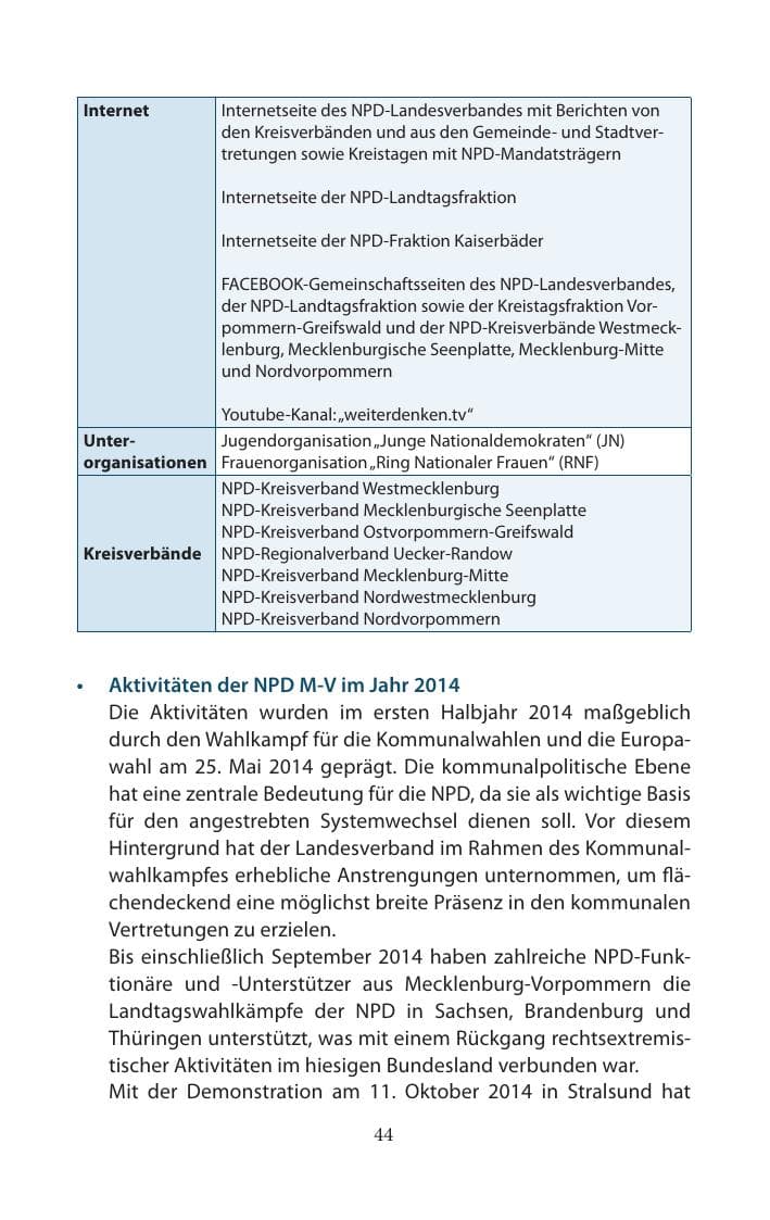 Seite 44 des Verfassungsschutzbericht 2014 Mecklenburg-Vorpommern