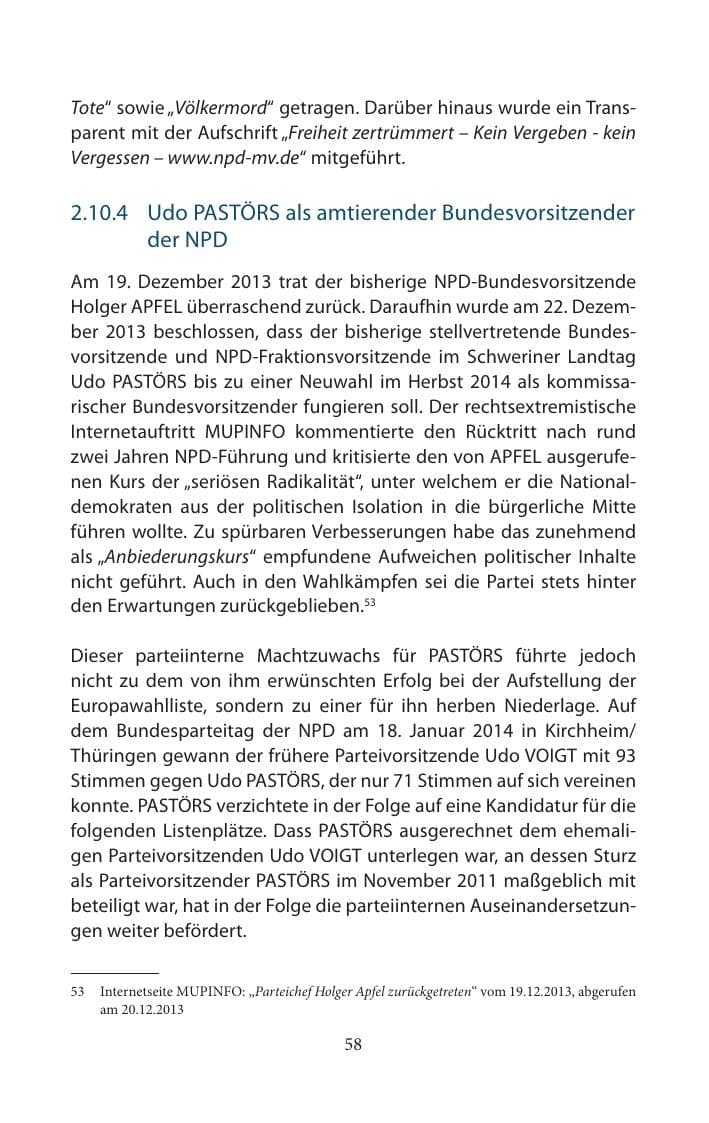 Seite 58 des Verfassungsschutzbericht 2014 Mecklenburg-Vorpommern