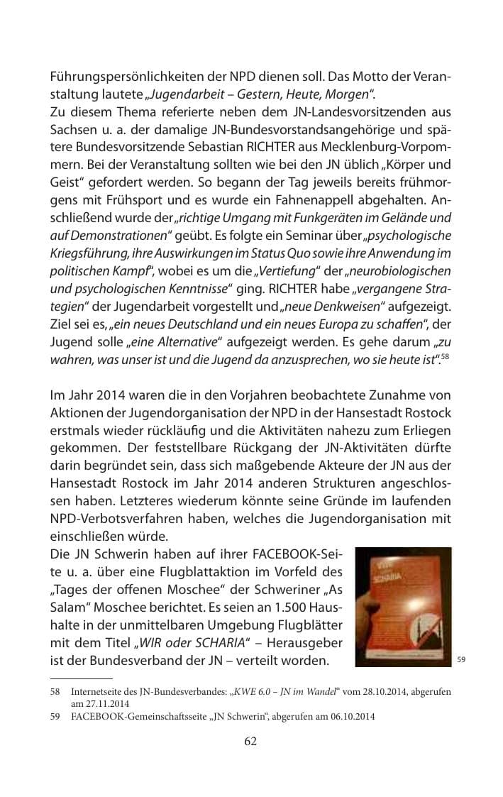 Seite 62 des Verfassungsschutzbericht 2014 Mecklenburg-Vorpommern