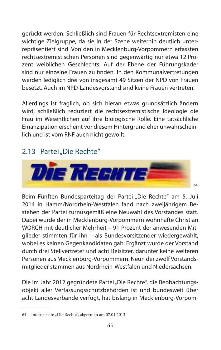 Seite 65 des Verfassungsschutzbericht 2014 Mecklenburg-Vorpommern