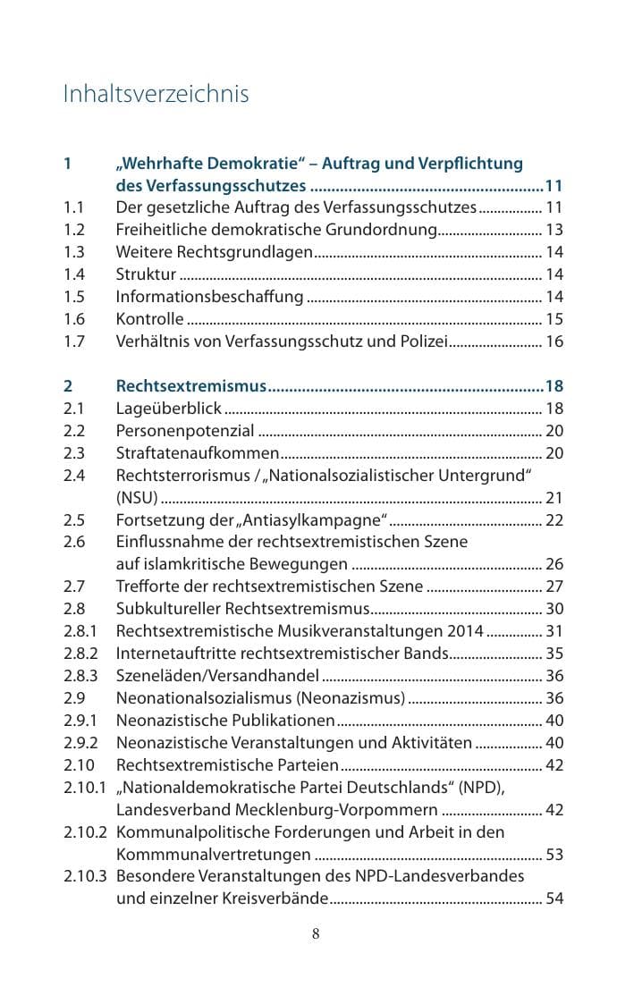 Seite 8 des Verfassungsschutzbericht 2014 Mecklenburg-Vorpommern
