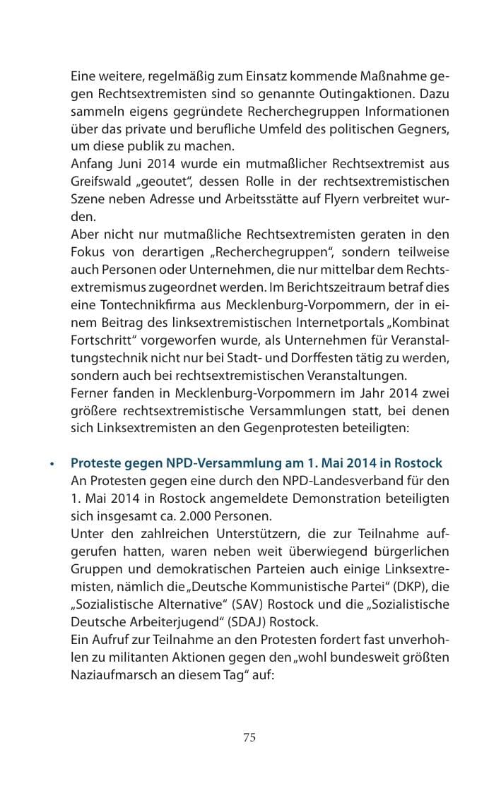 Seite 75 des Verfassungsschutzbericht 2014 Mecklenburg-Vorpommern