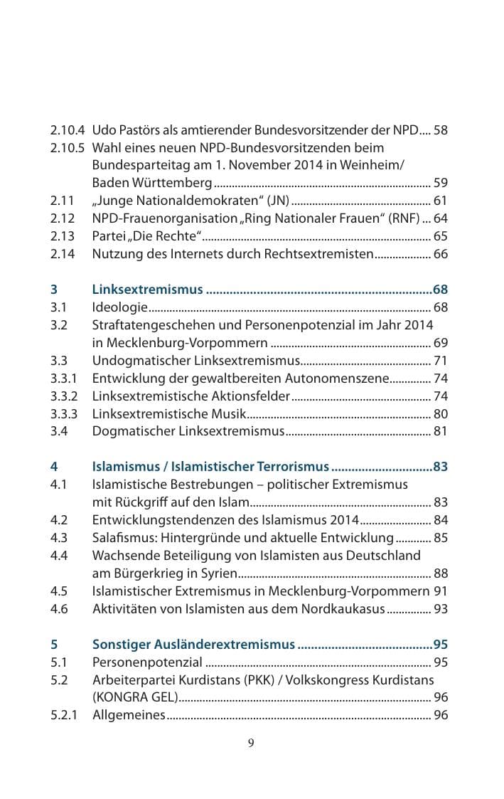 Seite 9 des Verfassungsschutzbericht 2014 Mecklenburg-Vorpommern