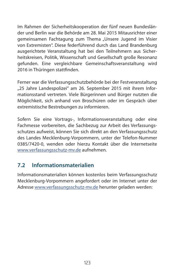 Seite 123 des Verfassungsschutzbericht 2015 Mecklenburg-Vorpommern