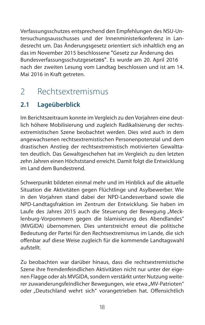 Seite 18 des Verfassungsschutzbericht 2015 Mecklenburg-Vorpommern