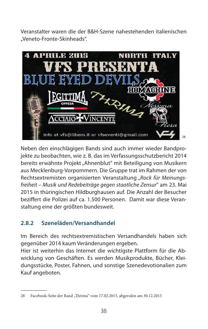 Seite 38 des Verfassungsschutzbericht 2015 Mecklenburg-Vorpommern