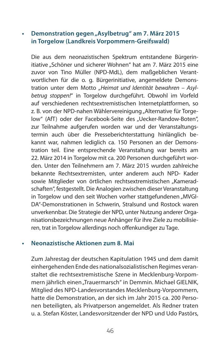 Seite 46 des Verfassungsschutzbericht 2015 Mecklenburg-Vorpommern