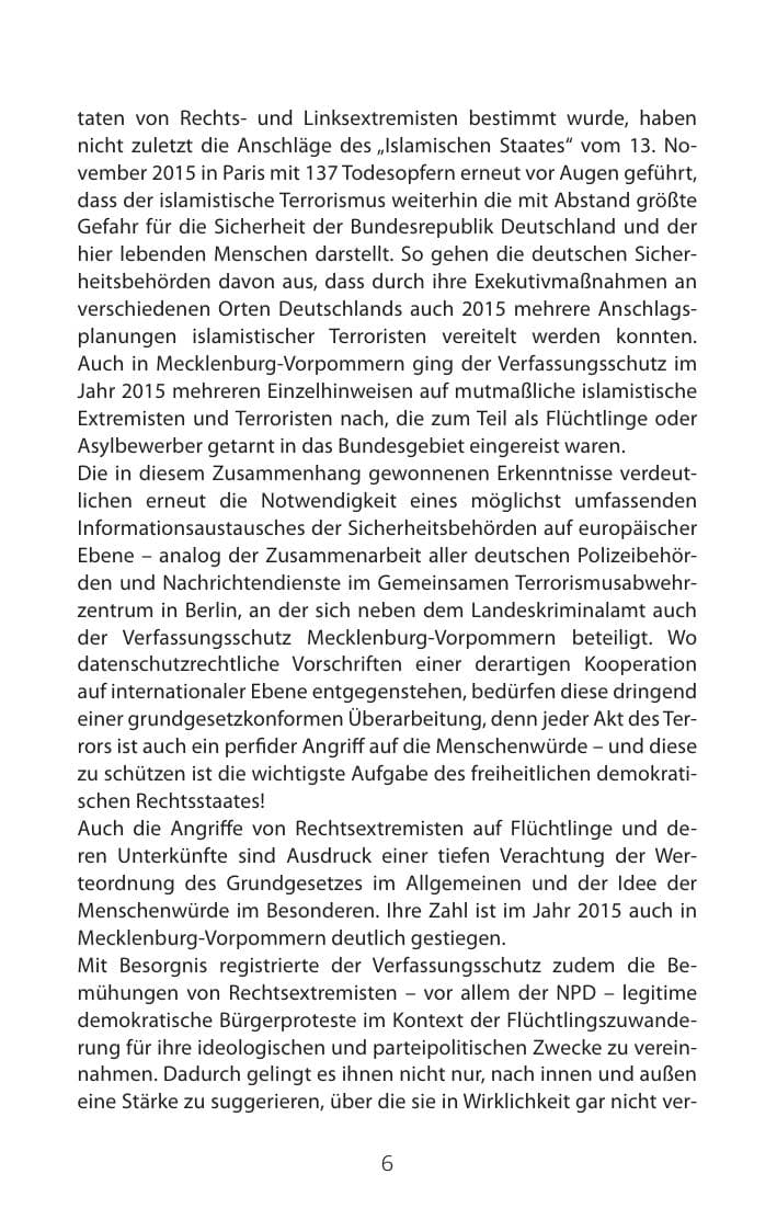 Seite 6 des Verfassungsschutzbericht 2015 Mecklenburg-Vorpommern