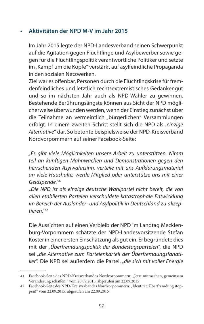 Seite 52 des Verfassungsschutzbericht 2015 Mecklenburg-Vorpommern