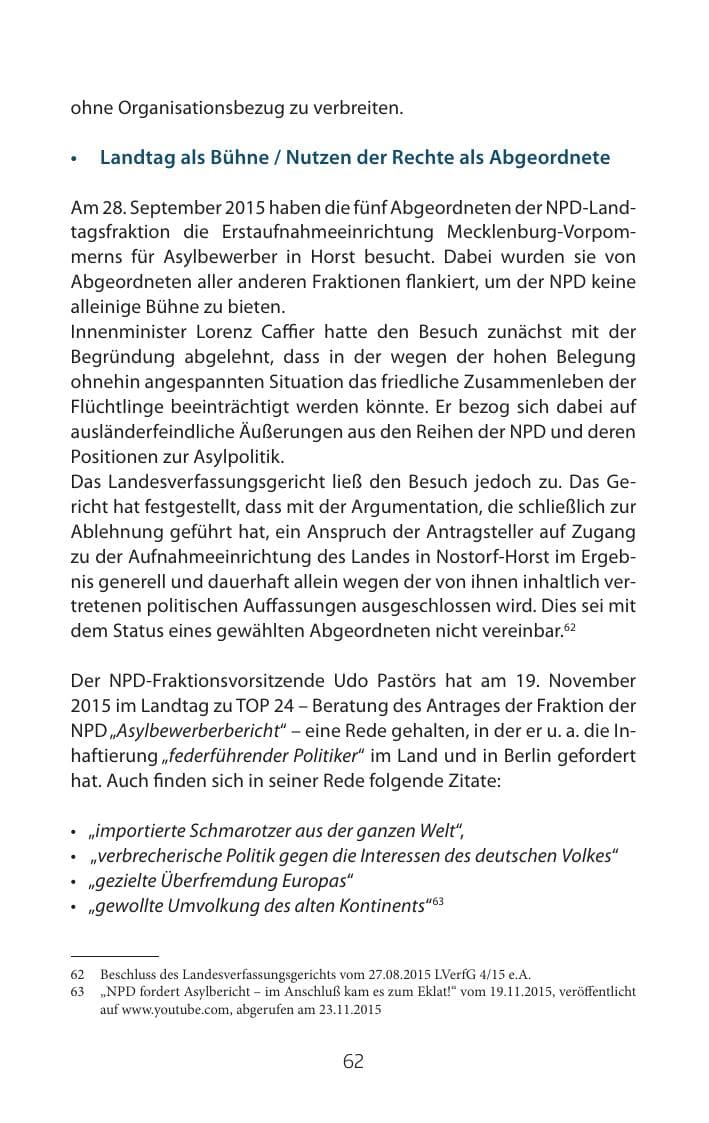 Seite 62 des Verfassungsschutzbericht 2015 Mecklenburg-Vorpommern