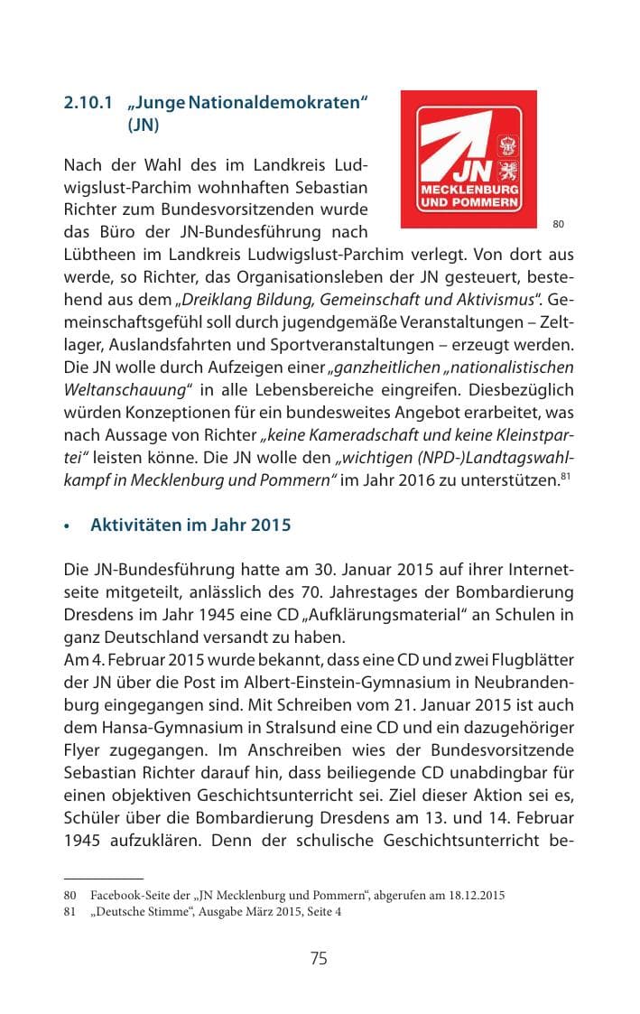 Seite 75 des Verfassungsschutzbericht 2015 Mecklenburg-Vorpommern