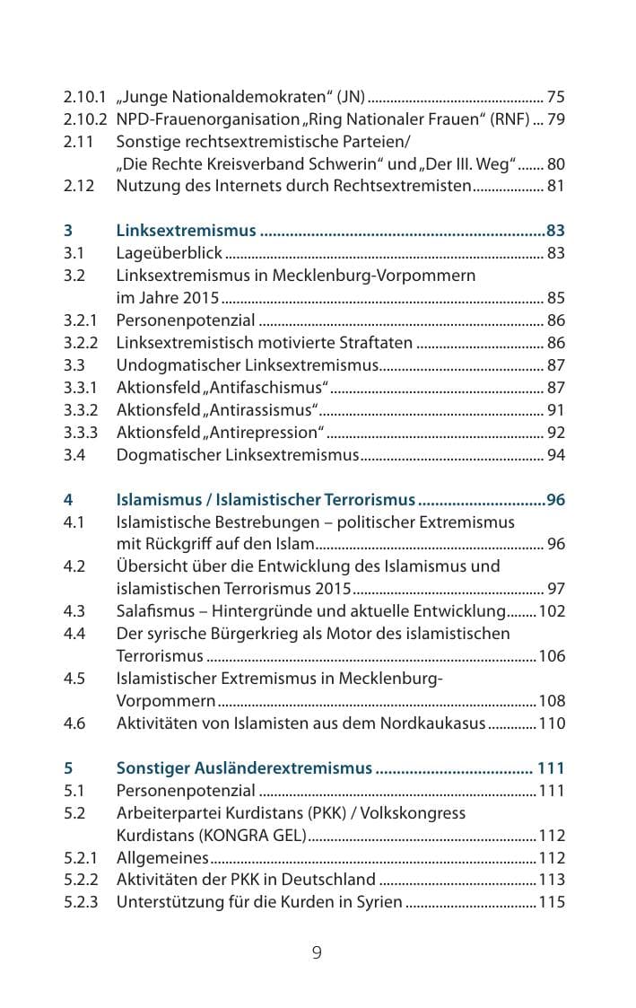 Seite 9 des Verfassungsschutzbericht 2015 Mecklenburg-Vorpommern