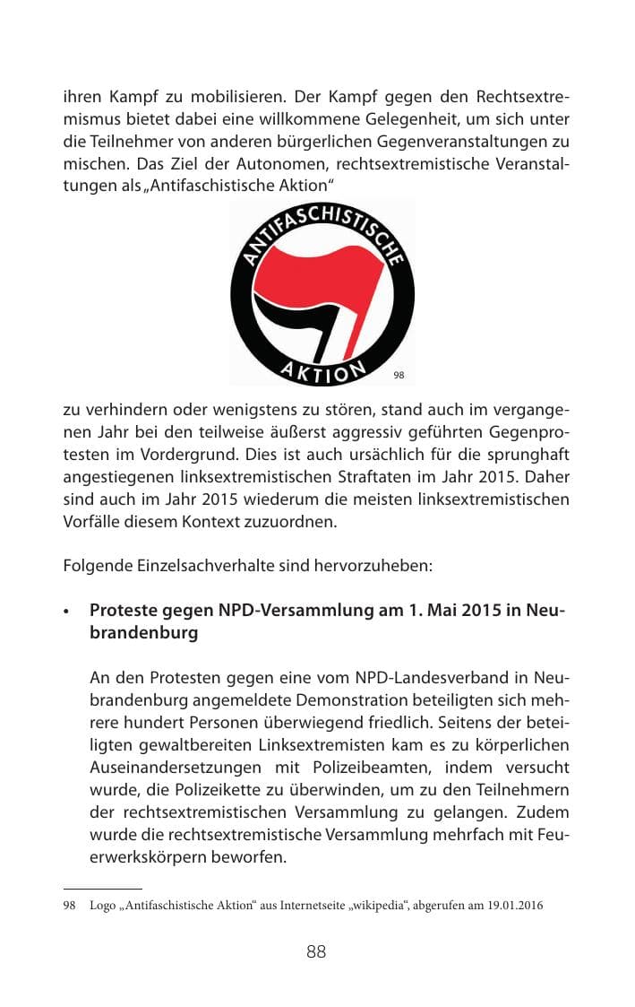 Seite 88 des Verfassungsschutzbericht 2015 Mecklenburg-Vorpommern