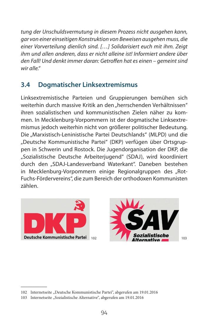 Seite 94 des Verfassungsschutzbericht 2015 Mecklenburg-Vorpommern