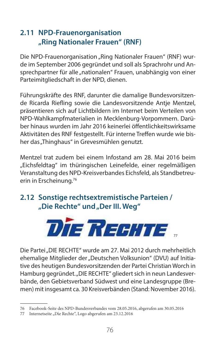 Seite 75 des Verfassungsschutzbericht 2016 Mecklenburg-Vorpommern