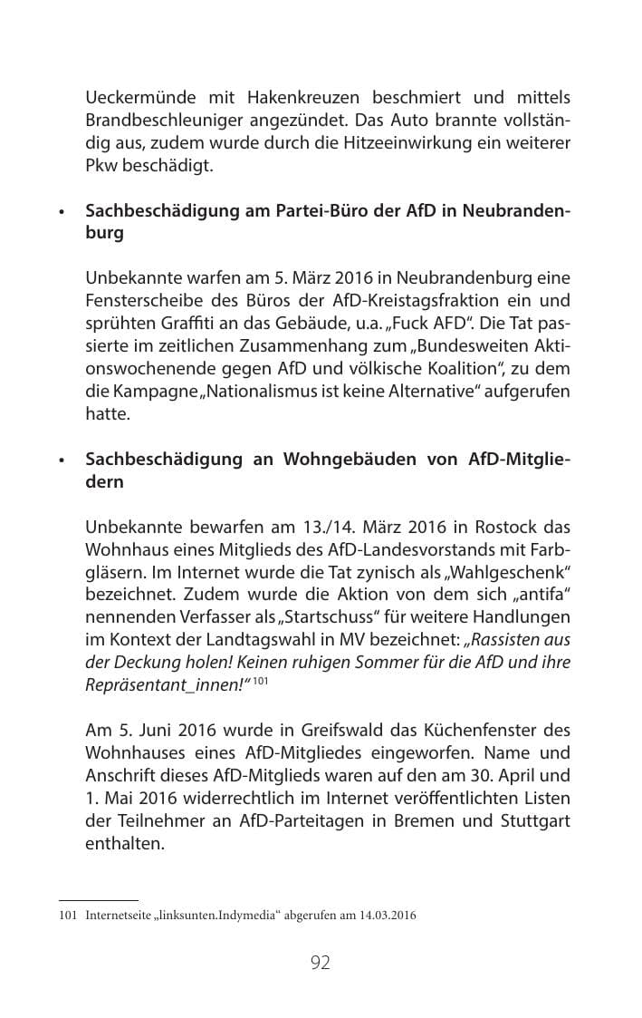 Seite 91 des Verfassungsschutzbericht 2016 Mecklenburg-Vorpommern