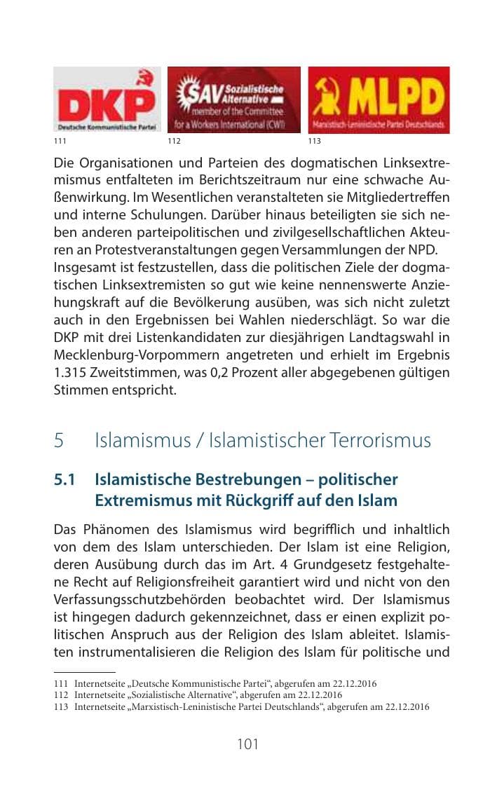 Seite 100 des Verfassungsschutzbericht 2016 Mecklenburg-Vorpommern