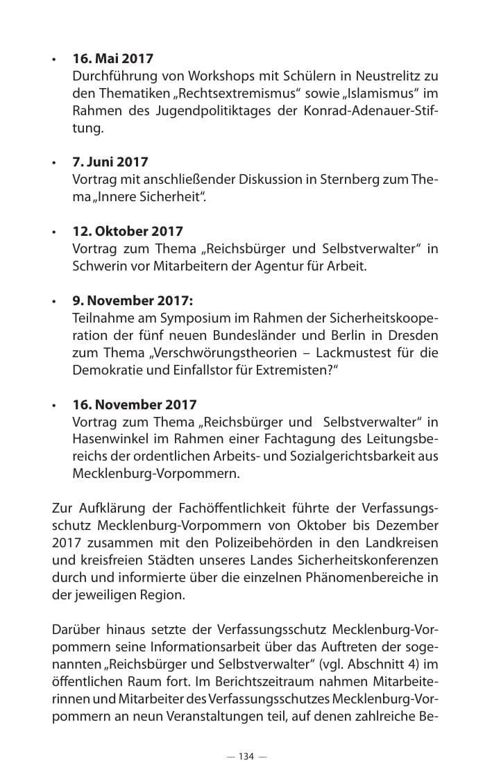 Seite 138 des Verfassungsschutzbericht 2017 Mecklenburg-Vorpommern