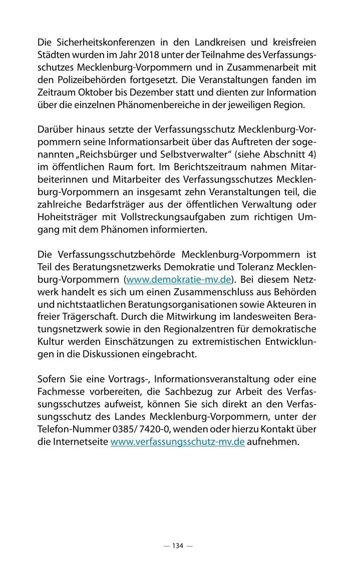 Seite 138 des Verfassungsschutzbericht 2018 Mecklenburg-Vorpommern