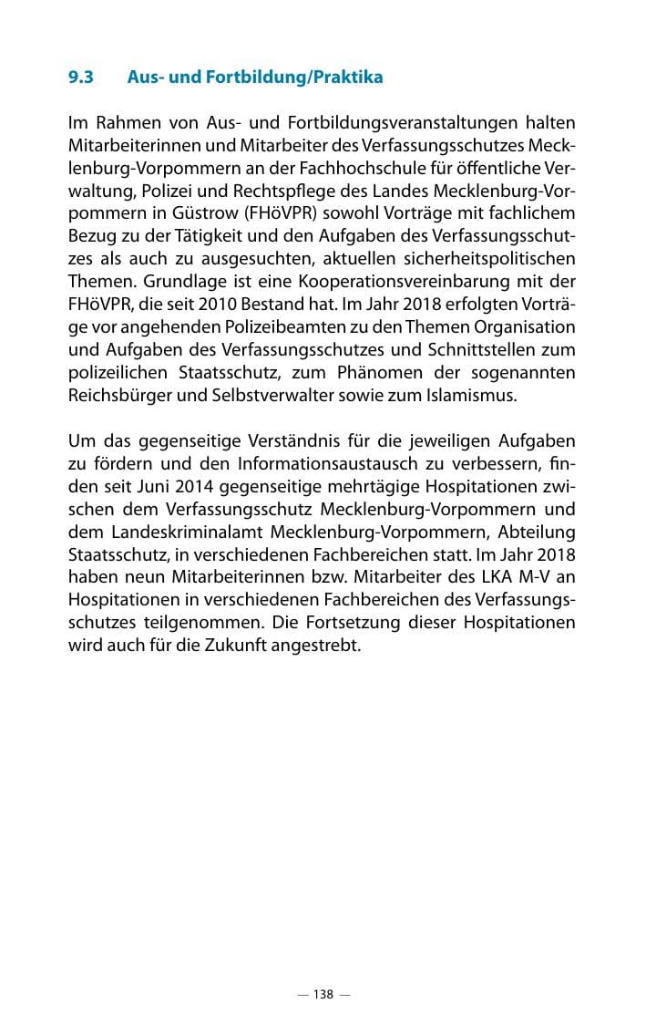 Seite 142 des Verfassungsschutzbericht 2018 Mecklenburg-Vorpommern