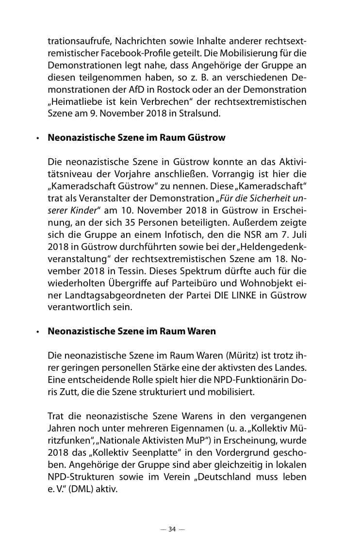 Seite 38 des Verfassungsschutzbericht 2018 Mecklenburg-Vorpommern