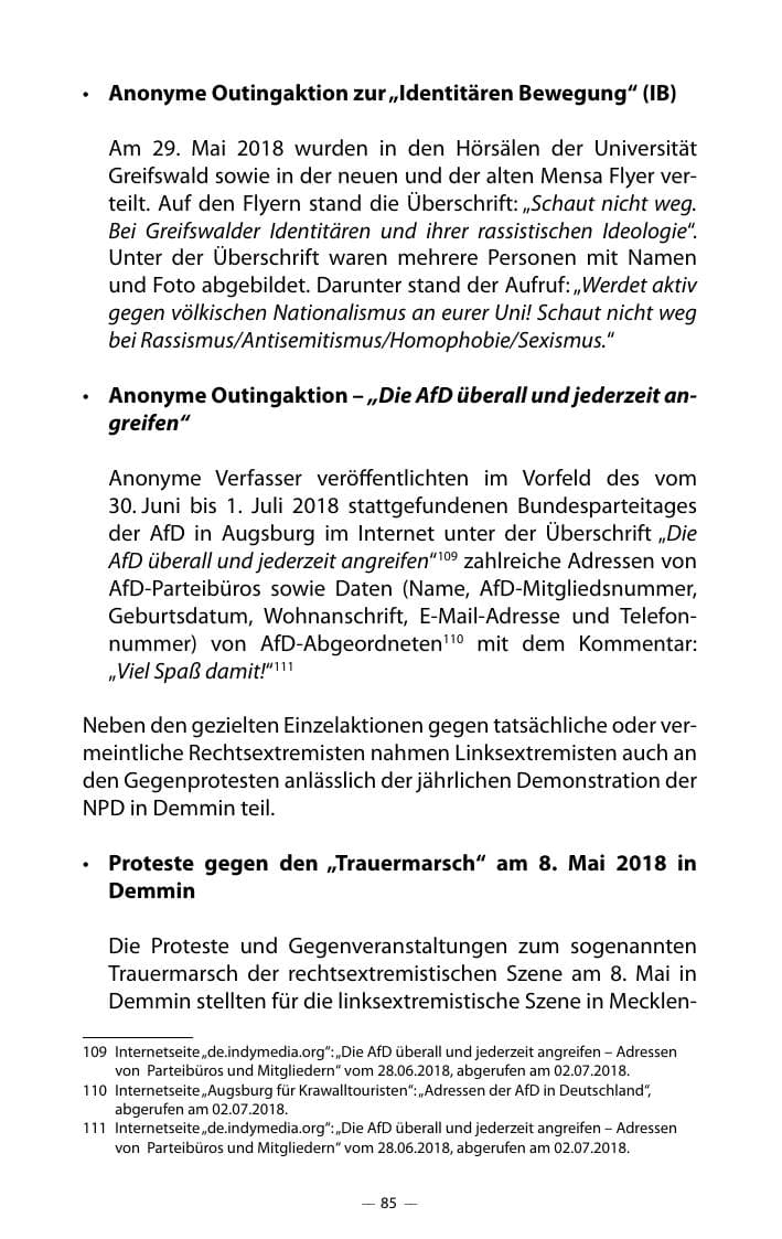 Seite 89 des Verfassungsschutzbericht 2018 Mecklenburg-Vorpommern