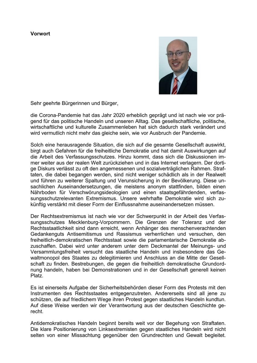 Seite 4 des Verfassungsschutzbericht 2020 Mecklenburg-Vorpommern