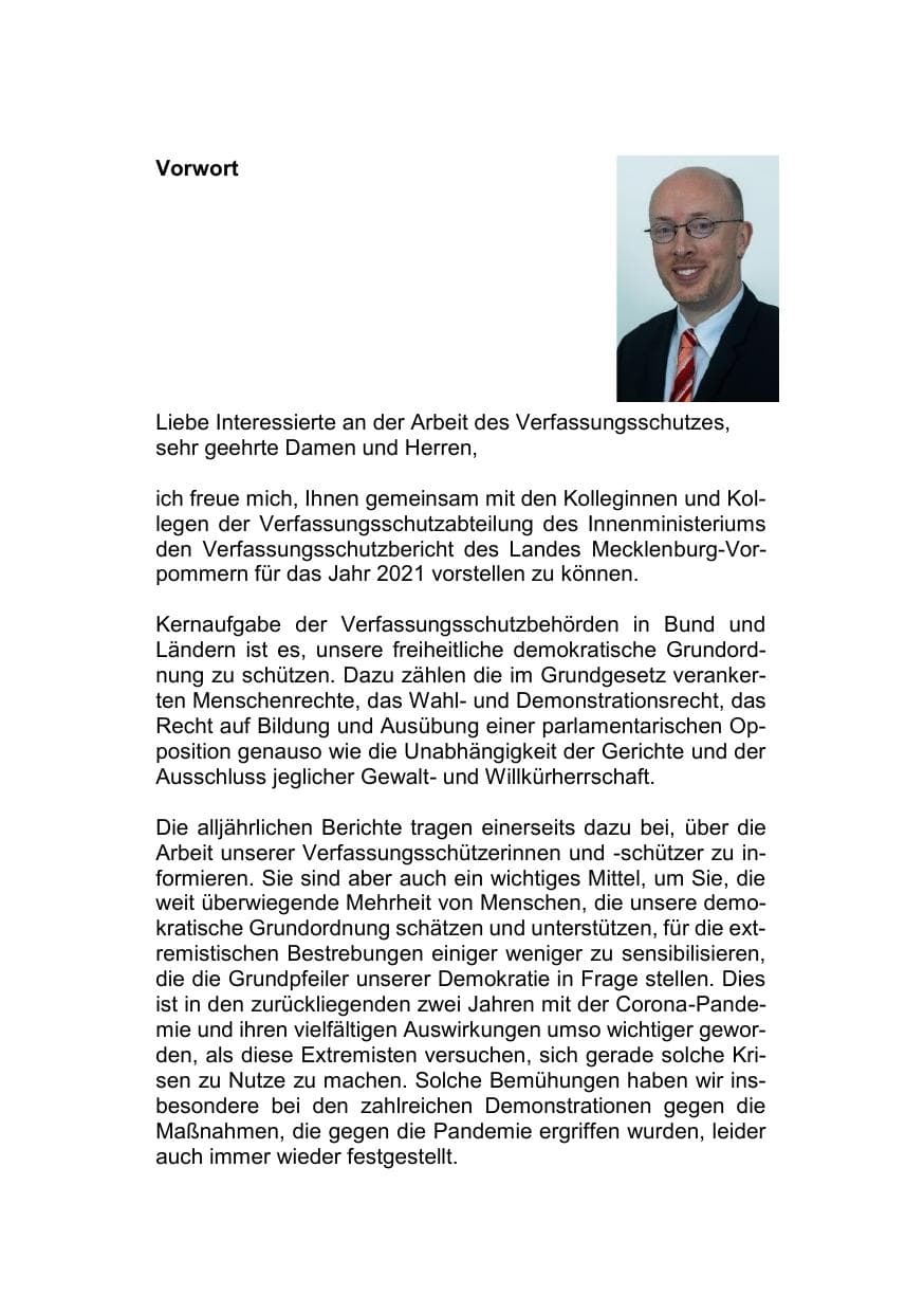 Seite 3 des Verfassungsschutzbericht 2021 Mecklenburg-Vorpommern