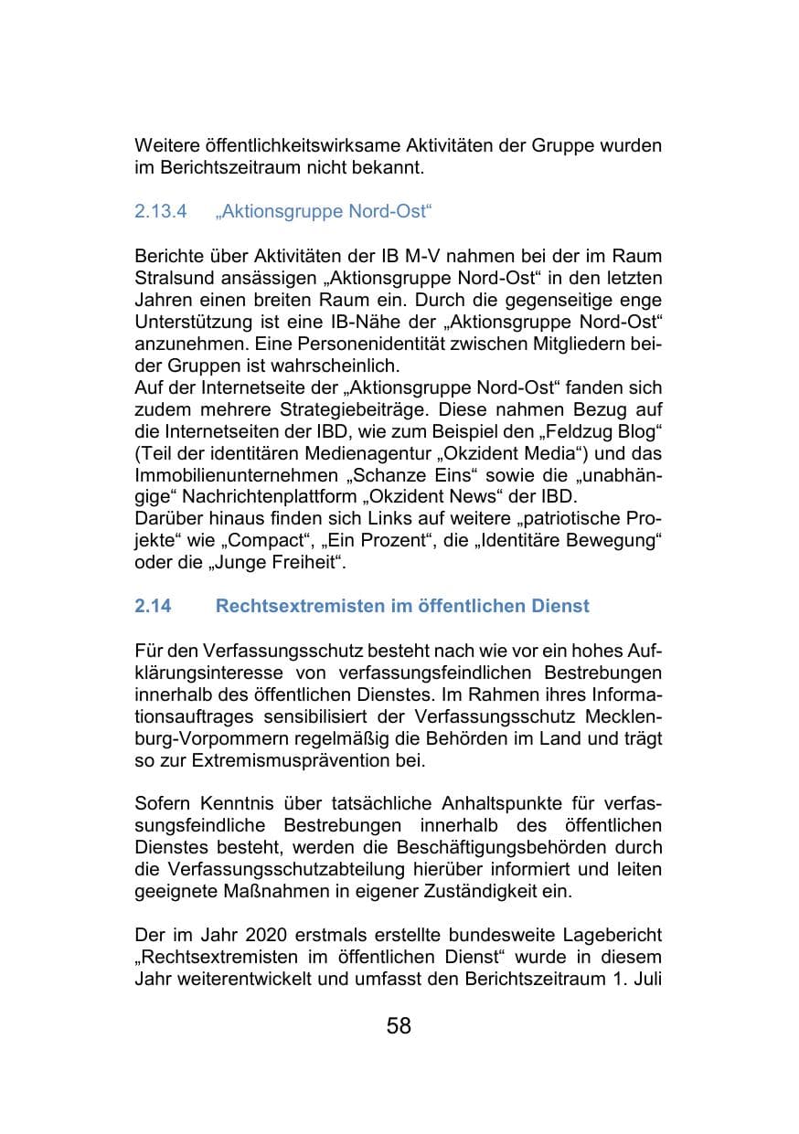 Seite 62 des Verfassungsschutzbericht 2021 Mecklenburg-Vorpommern