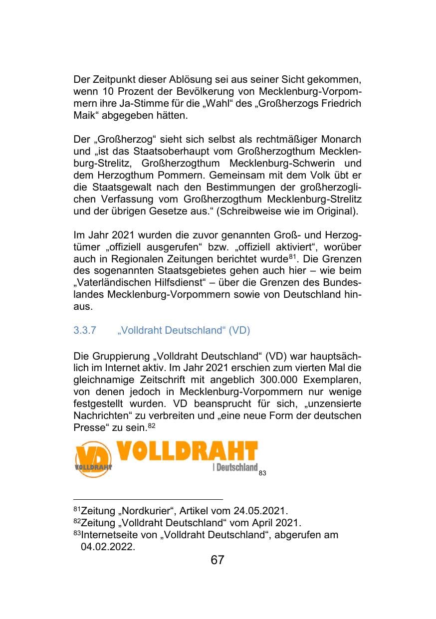 Seite 71 des Verfassungsschutzbericht 2021 Mecklenburg-Vorpommern