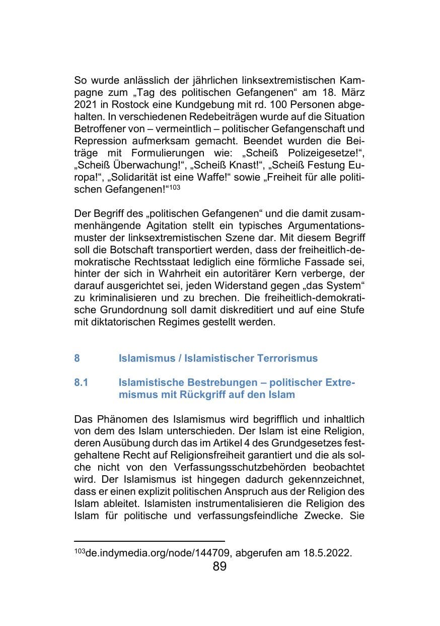 Seite 93 des Verfassungsschutzbericht 2021 Mecklenburg-Vorpommern