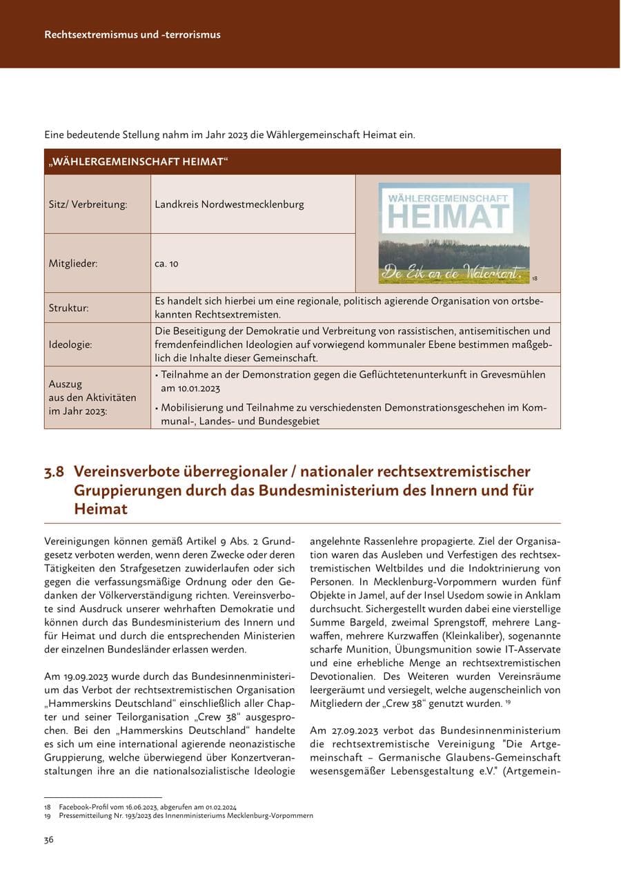 Seite 38 des Verfassungsschutzbericht 2023 Mecklenburg-Vorpommern