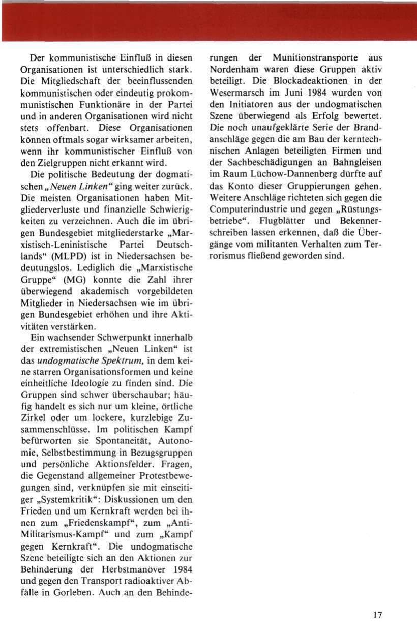 Seite 18 des Verfassungsschutzbericht 1984 Niedersachsen