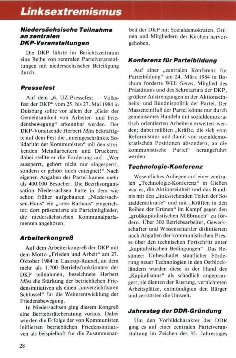 Seite 29 des Verfassungsschutzbericht 1984 Niedersachsen