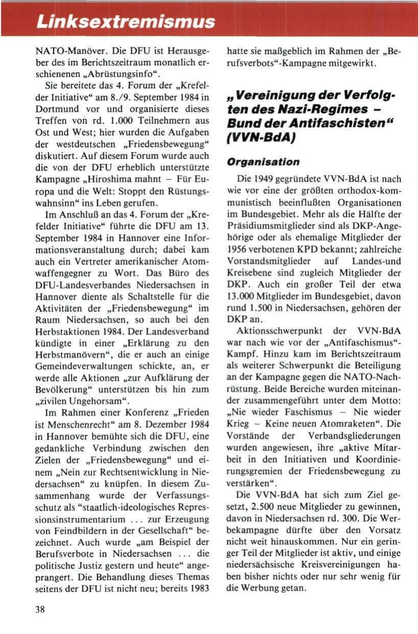 Seite 39 des Verfassungsschutzbericht 1984 Niedersachsen
