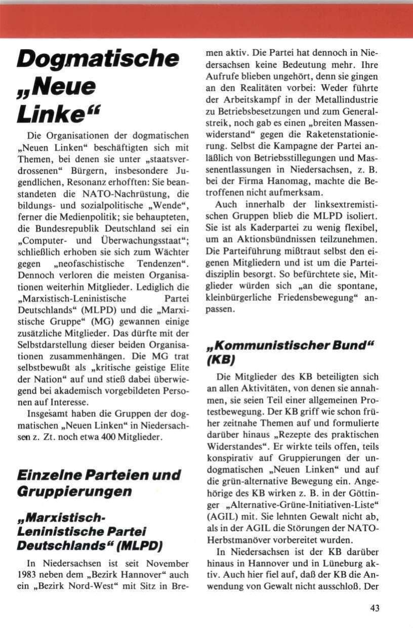 Seite 44 des Verfassungsschutzbericht 1984 Niedersachsen