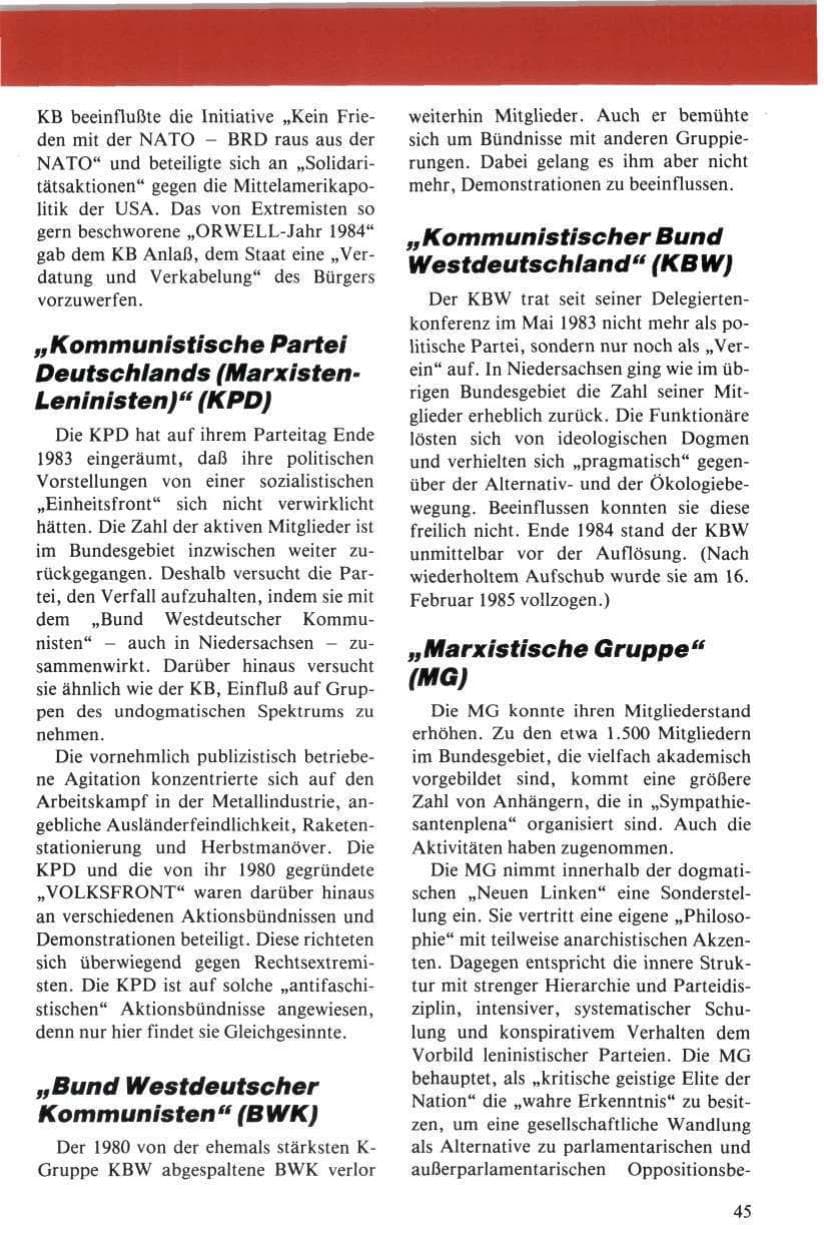 Seite 46 des Verfassungsschutzbericht 1984 Niedersachsen