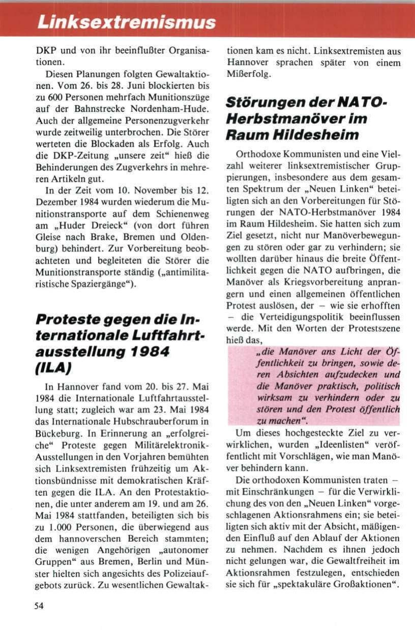 Seite 55 des Verfassungsschutzbericht 1984 Niedersachsen