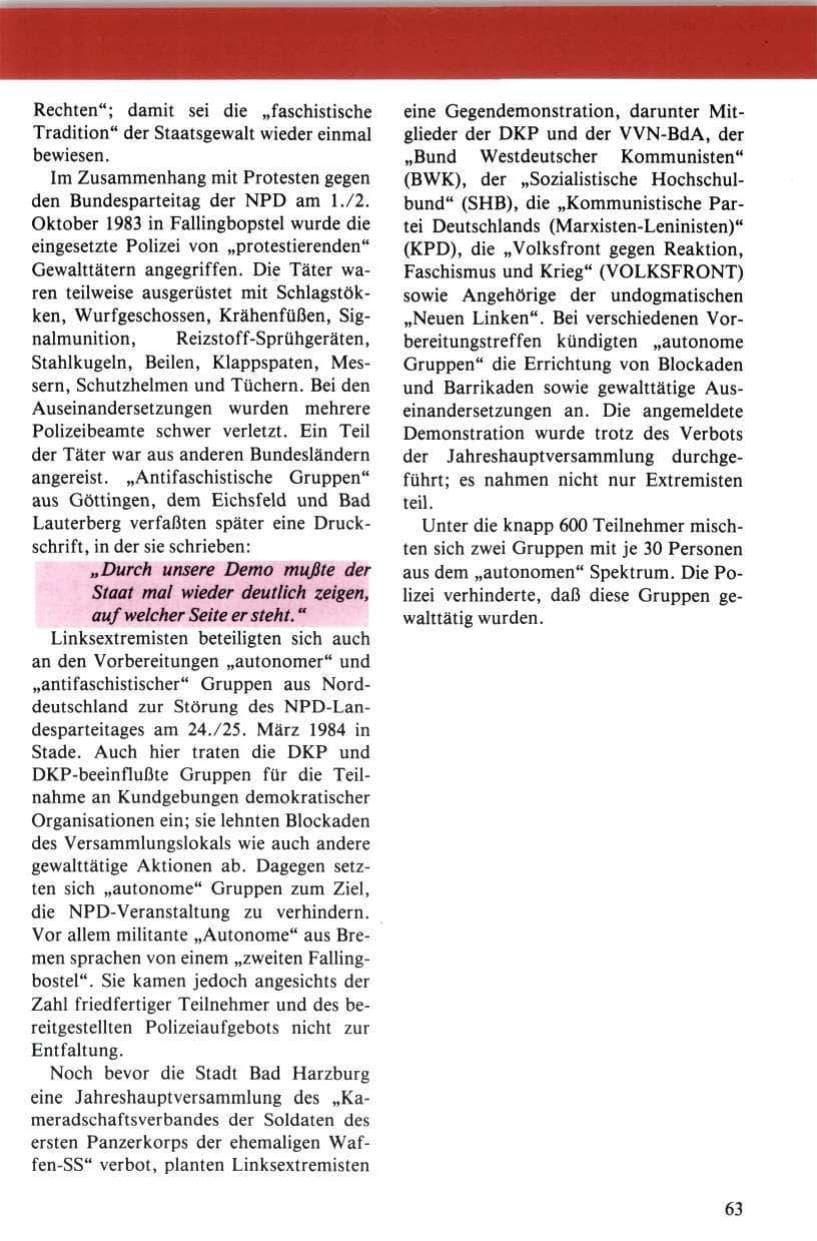 Seite 64 des Verfassungsschutzbericht 1984 Niedersachsen