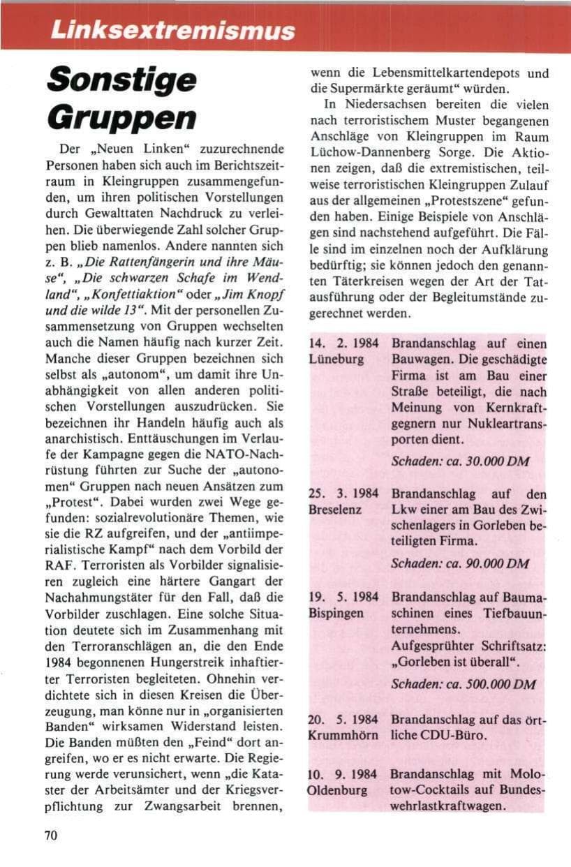 Seite 71 des Verfassungsschutzbericht 1984 Niedersachsen