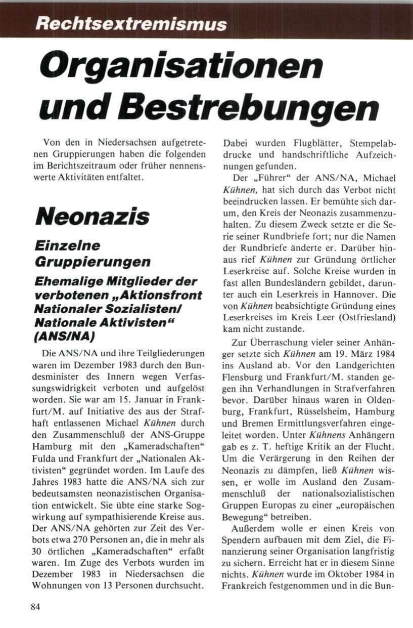 Seite 85 des Verfassungsschutzbericht 1984 Niedersachsen