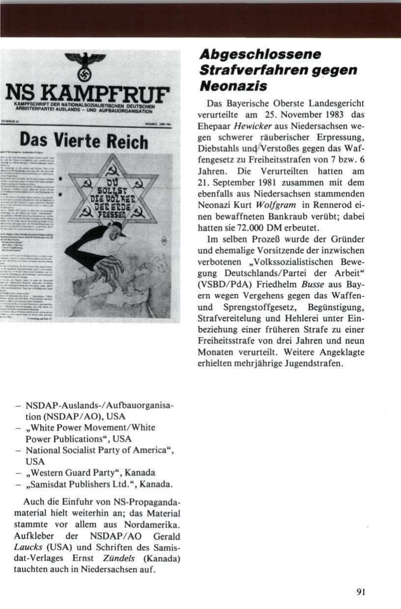 Seite 92 des Verfassungsschutzbericht 1984 Niedersachsen