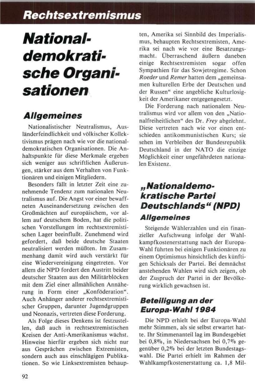 Seite 93 des Verfassungsschutzbericht 1984 Niedersachsen